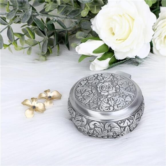 Metal Jewelry Box Vintage Ring Holder Trinket Organizer Small Round Storage Box - Picture 4 of 8